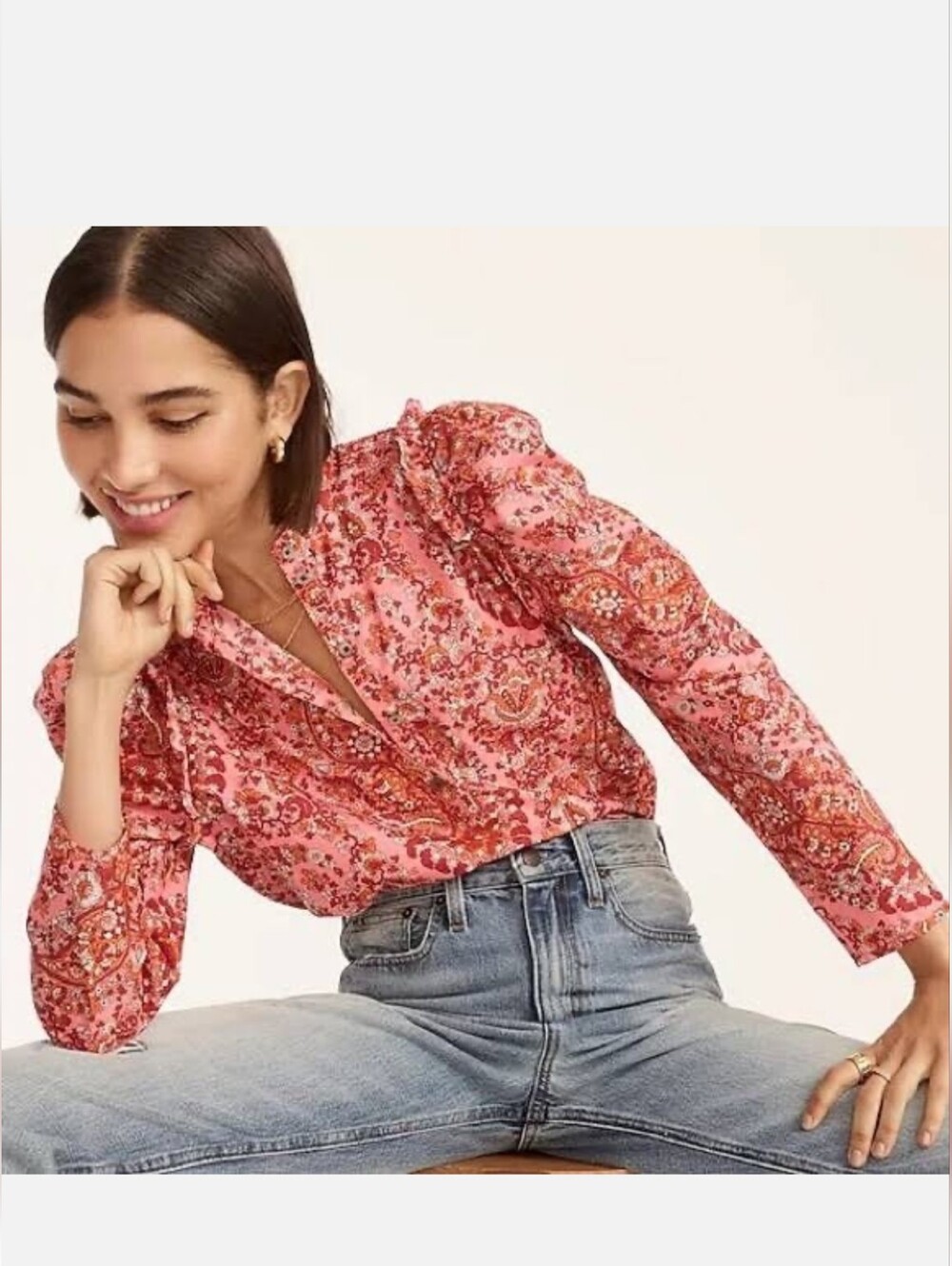 J. Crew Pink Floral Tunic Top XS Puff Sleeve Boho Button Casual Cotton